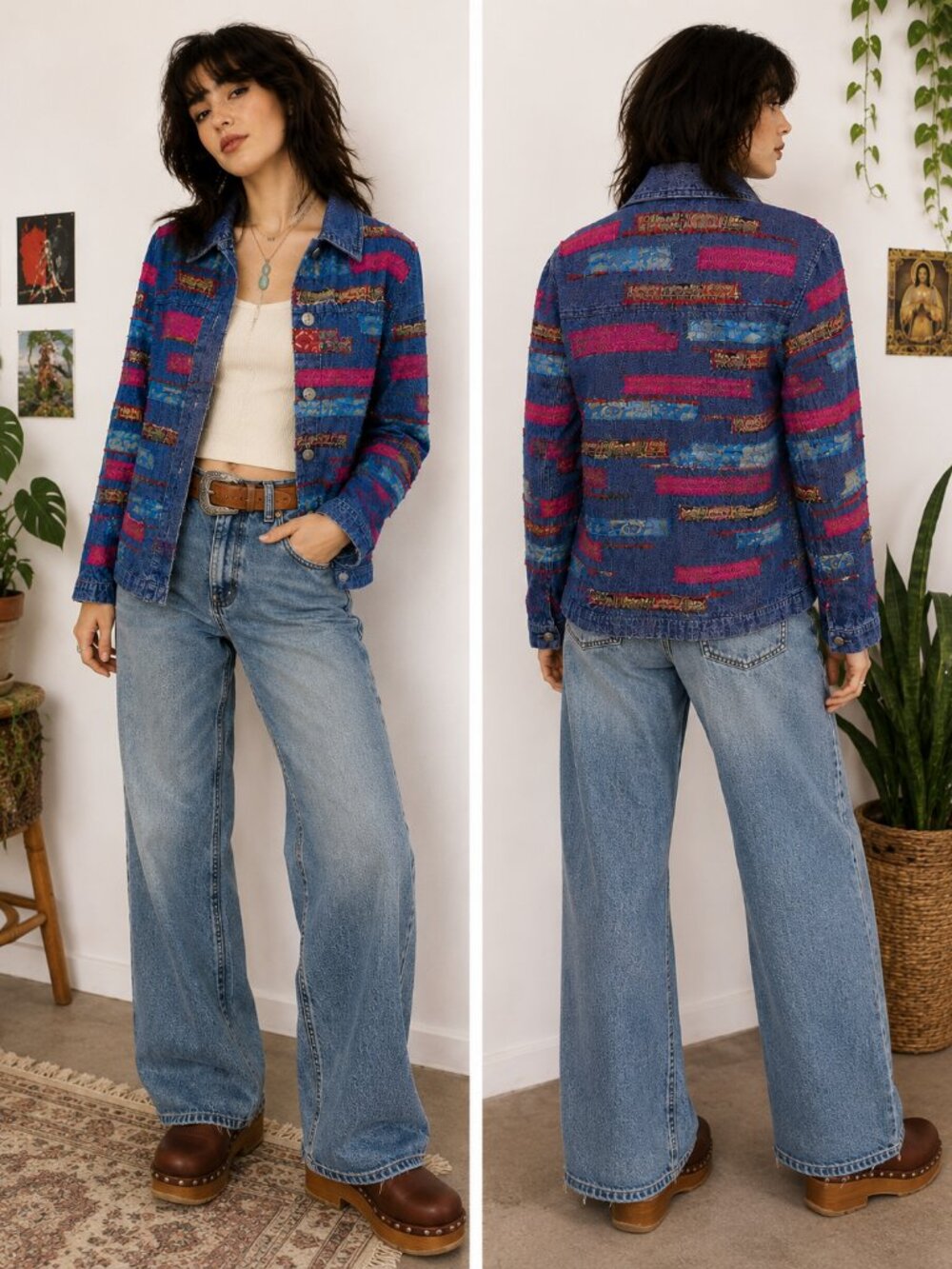 Breckenridge Patchwork Denim Jacket Medium Embroidered Festival vintage-look